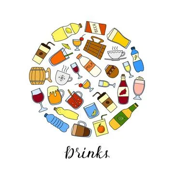 Doodle drinks in circle. Stock Illustration