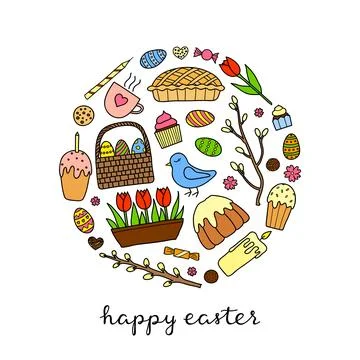 Doodle easter items in circle. Illustrazione stock