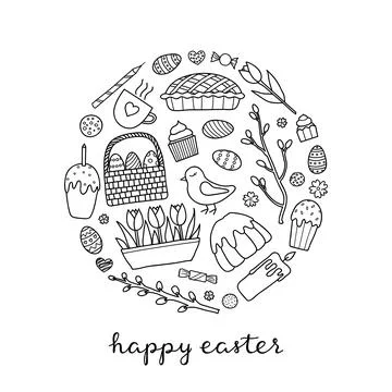 Doodle easter items in circle. Stock Illustration