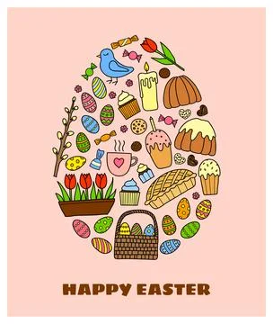Doodle easter items in egg shape. Stock-Illustration