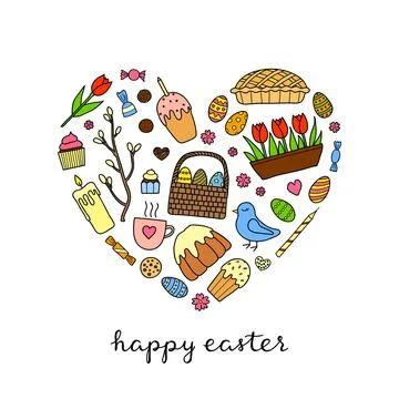 Doodle easter items in heart shape. Stock Illustration