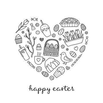 Doodle easter items in heart shape. イラスト素材