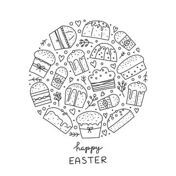 Doodle Easter kulich cakes in circle. Stock Illustration