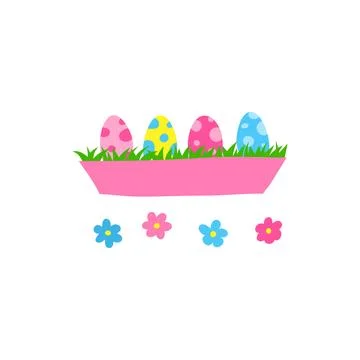 Doodle eggs with grass in long container. Stock Illustration