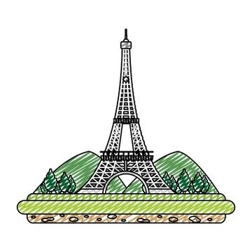 Doodle eiffel tower with mountainsand trees landscape Stock Illustration
