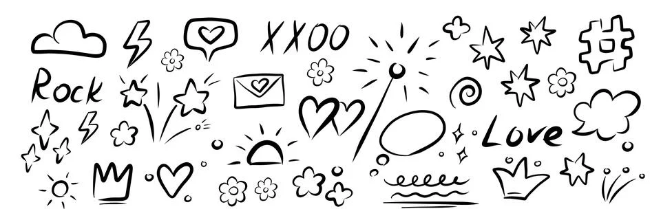 Doodle element set. Hand drawn brush stroke, highlight, speech bubble, underl Stock Illustration