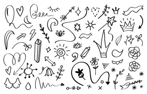 Doodle elements. Crowns arrows stars and flowers sketch design template. Vector 스톡 일러스트