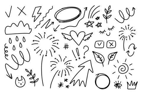 Doodle elements on isolated white background. Hand drawn simple signs and Stock Illustration