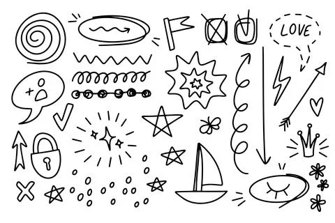 Doodle elements on isolated white background. Hand drawn simple signs and Stock Illustration