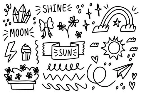 Doodle elements on isolated white background. Hand drawn simple signs and Stock Illustration