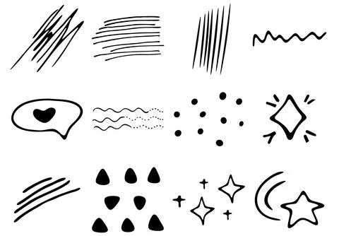 Doodle Elements: Lines, Dots, Stars, and Shapes. Black and White Illustration Illustrazione stock