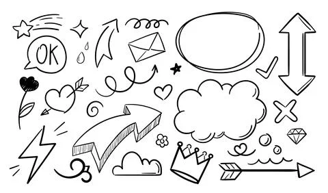 Doodle elements set. Arrows, flower, speech bubble, crown and heart. Back to 80s Stock Illustration