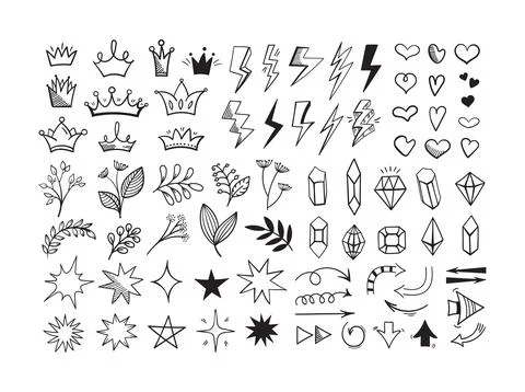 Doodle elements set. Hand drawn heart, sparkle star, lightning icons. Black Stock Illustration