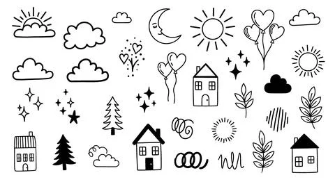 Doodle Elements Set: Sun, Moon, Clouds, Houses, Trees, Hearts, Balloons, Star Stock Illustration