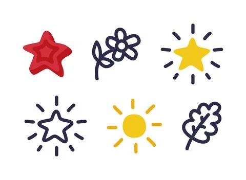 Doodle Elements with Star, Flower, Leaf and Sun Vector Set Illustrazione stock