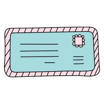 Doodle envelope with postage stamp. Postal element. Mail icon. Stock Illustration