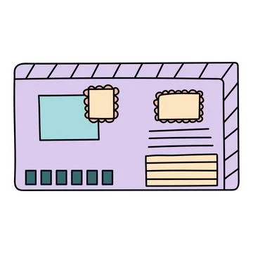 Doodle envelope with postage stamp. Postal element. Mail icon. Stock Illustration