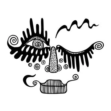 Doodle face. Abstract eyes, nose, lips, raised eyebrow. Hand drawn vector ill Stock Illustration