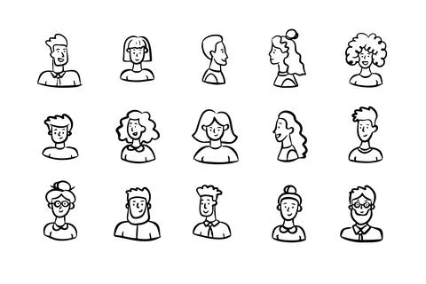 Doodle faces people men and women. Outline sketch Stock Illustration