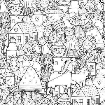 Doodle farm characters seamless pattern. Cute coloring page with animals and Stock Illustration