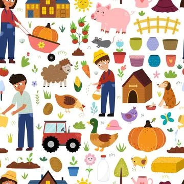 Doodle farm seamless pattern with cute characters in cartoon style Stock Illustration
