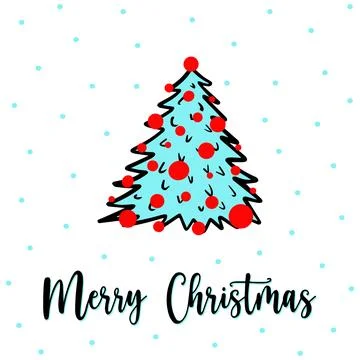 Doodle festive Christmas tree greeting card with Merry Christmas lettering. Hand Stock Illustration