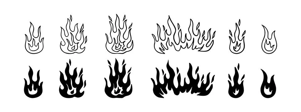 Doodle fire outline set. Vector various fire. flame illustration isolated . Illustrazione stock