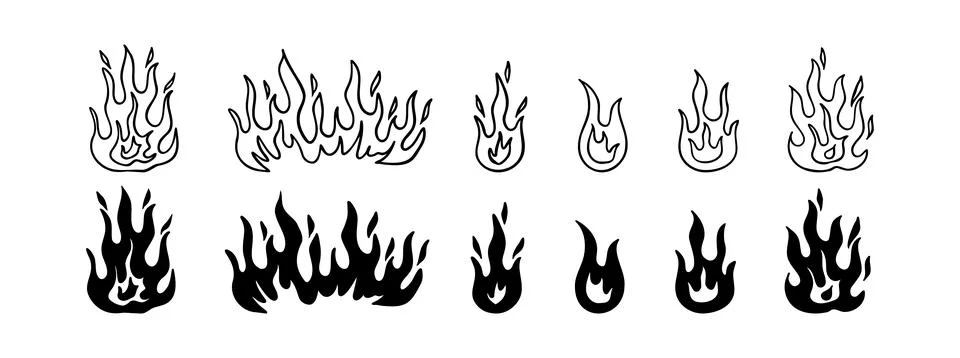 Doodle fire outline set. Vector various fire. flame illustration isolated . Stock Illustration