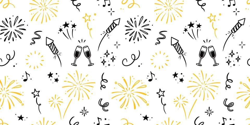 Doodle firework seamless pattern. Festive doodle background with hand drawn Illustrazione stock