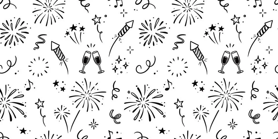 Doodle firework seamless pattern. Festive doodle background with hand drawn Stock Illustration