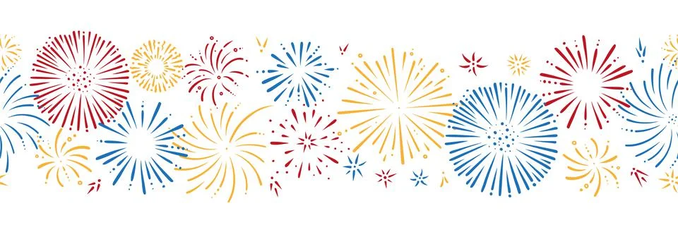 Doodle firework seamless pattern. Shiny foreworks for parties and celebrations Stock Illustration