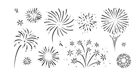 Doodle firework set. Shiny foreworks for parties and celebrations. Vector Stock Illustration