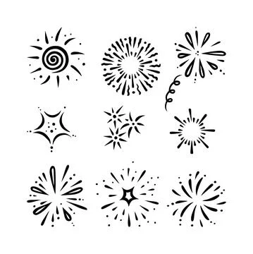 Doodle firework set. Shiny foreworks for parties and celebrations. Vector Stock Illustration