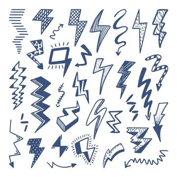 Doodle flash set. Thunder lighting drawing, power or electricity doodles sketch Illustrazione stock