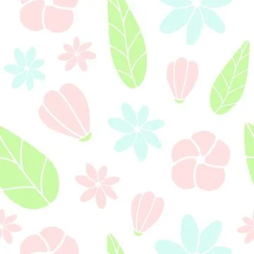 Doodle flat floral seamless pattern isolated on white background. Simple grap Stock Illustration