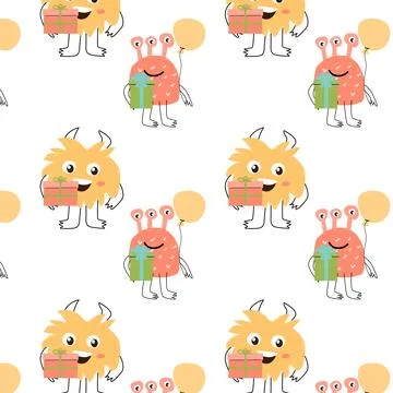 Doodle flat monsters with present - pattern Stock Illustration