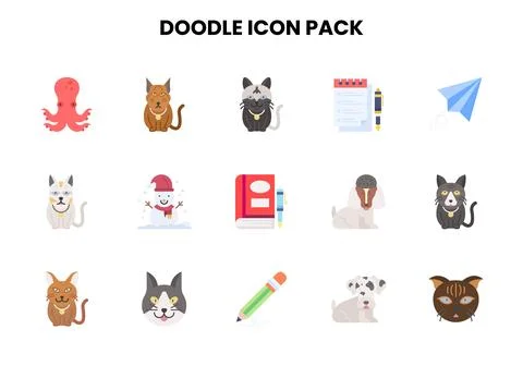 Doodle Flat Scalable Icons Pack Illustrazione stock