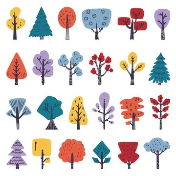 Doodle flat tree, cute bushes. Eco scandinavian style trees. Forest or park Stock-Illustration