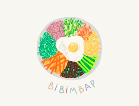 Doodle flat vector illustration of bibimbap - traditional food of South Korea Stock Illustration