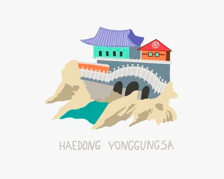 Doodle flat vector illustration of Haedong Yonggungsa seaside temple in Busan Ilustración de archivo