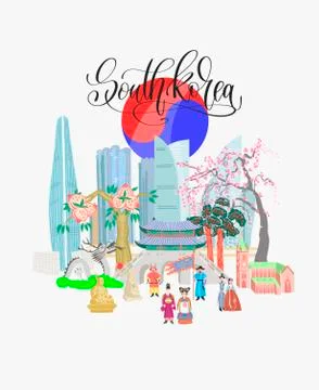 Doodle flat vector illustration of South Korea greeting travel card Ilustración de archivo
