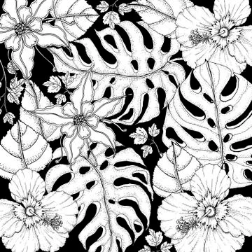 Doodle floral background in vector with doodles black and white coloring page of Stock Illustration