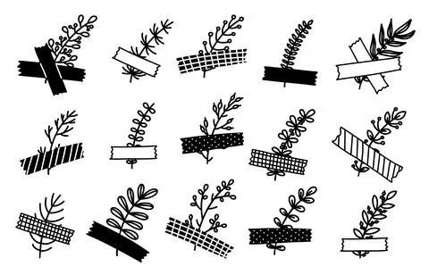 Doodle floral elements for bullet journal. Leaves sealed with tape Stock Illustration