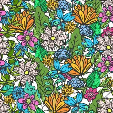Doodle floral pattern with mess of color flowers Stock Illustration