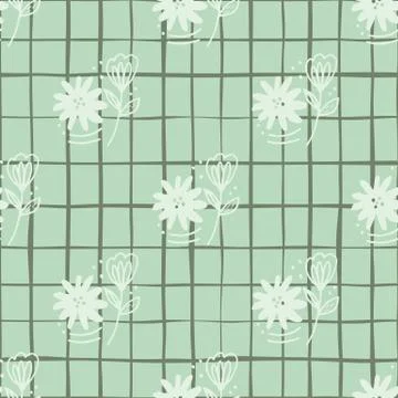 Doodle flower seamless pattern in line art style on green background. Abstrac Stock Illustration