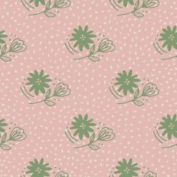 Doodle flower seamless pattern in line art style on dots background. Abstract Stock Illustration