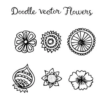 Doodle flower set. Hand drawn line sketch floral collection Stock Illustration