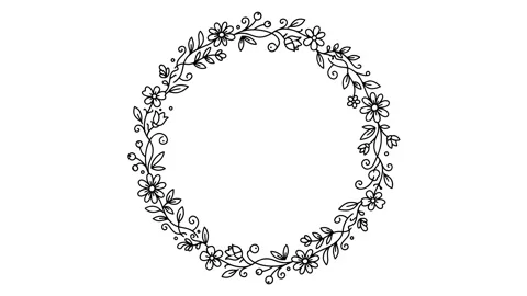 Doodle Flower Wreath Outline Frame Spinning on White Background Stock Footage 344313944