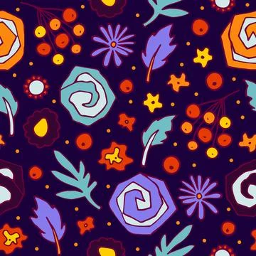 Doodle flowers seamless pattern. Autumn Halloween background Stock Illustration