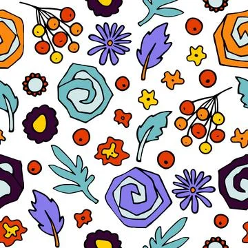 Doodle flowers seamless pattern. Autumn plants Stock Illustration